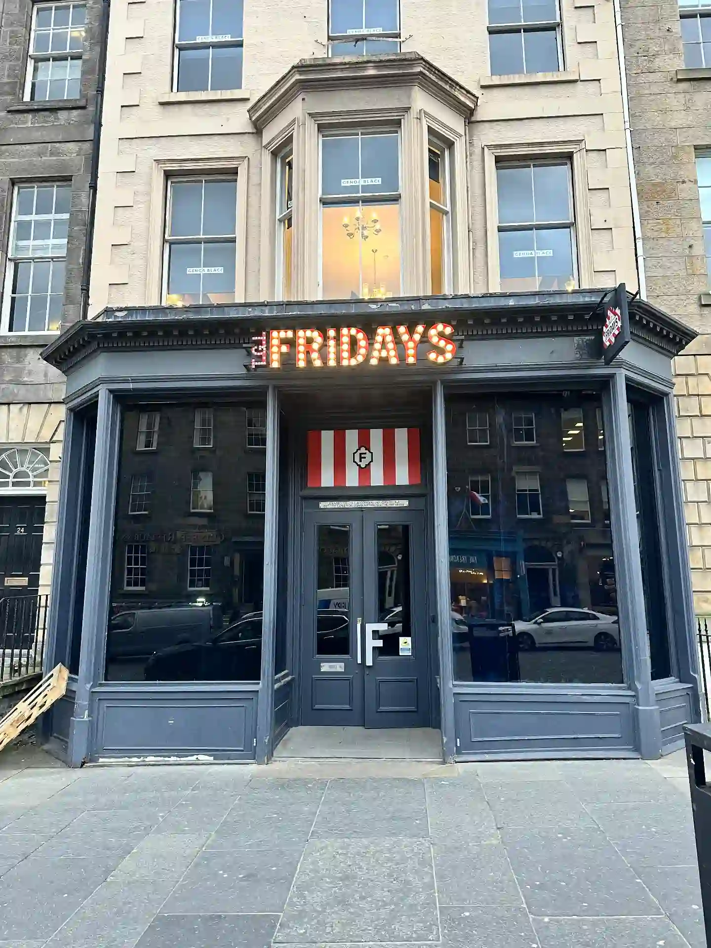Blackout window film to full restaurant shopfront glazing — TGI Fridays, commercial signage by L4 Signs Glasgow