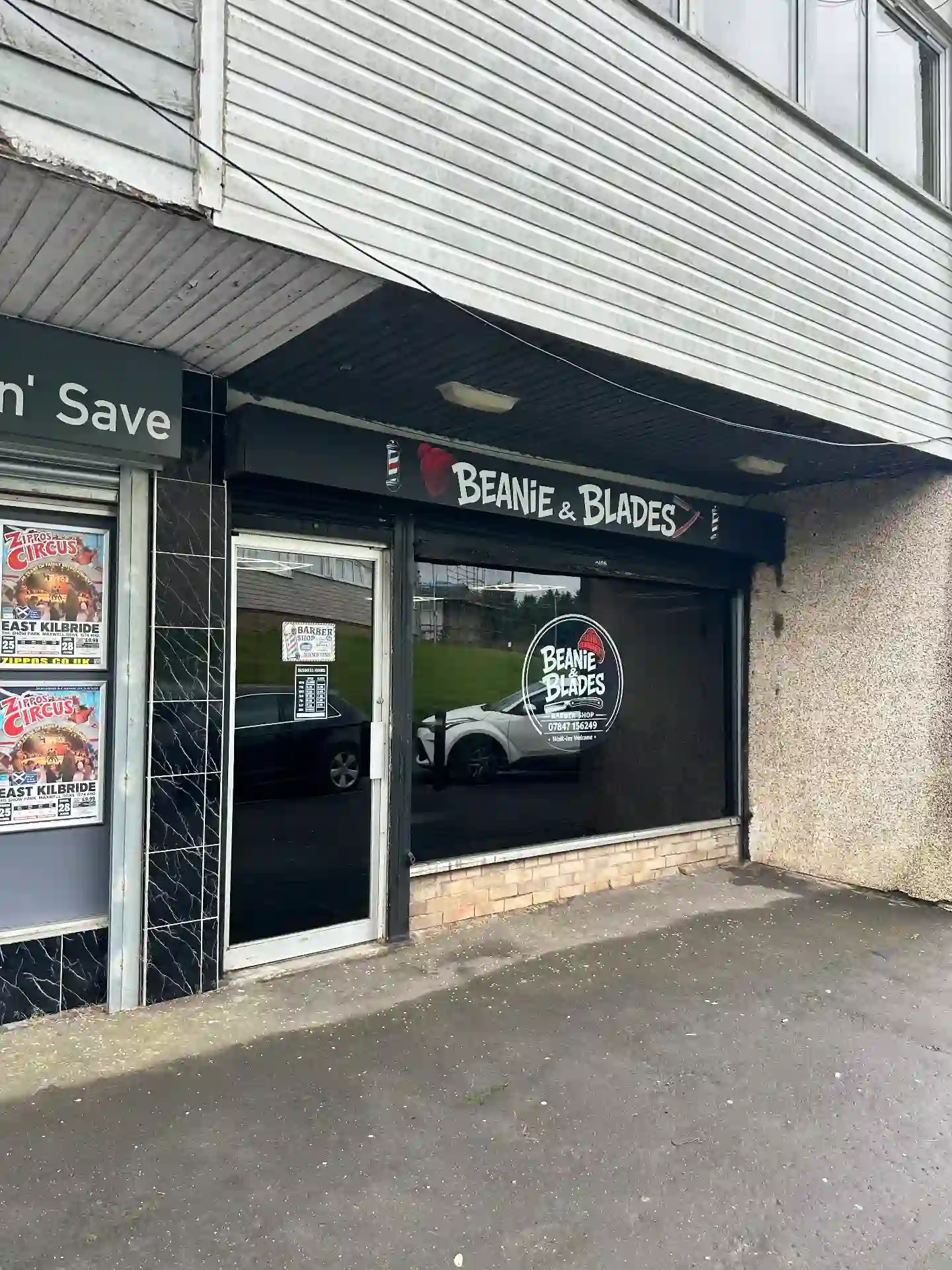 Blackout window film with cut vinyl logo, fascia sign graphics — Beanie & Blades, commercial signage by L4 Signs Glasgow