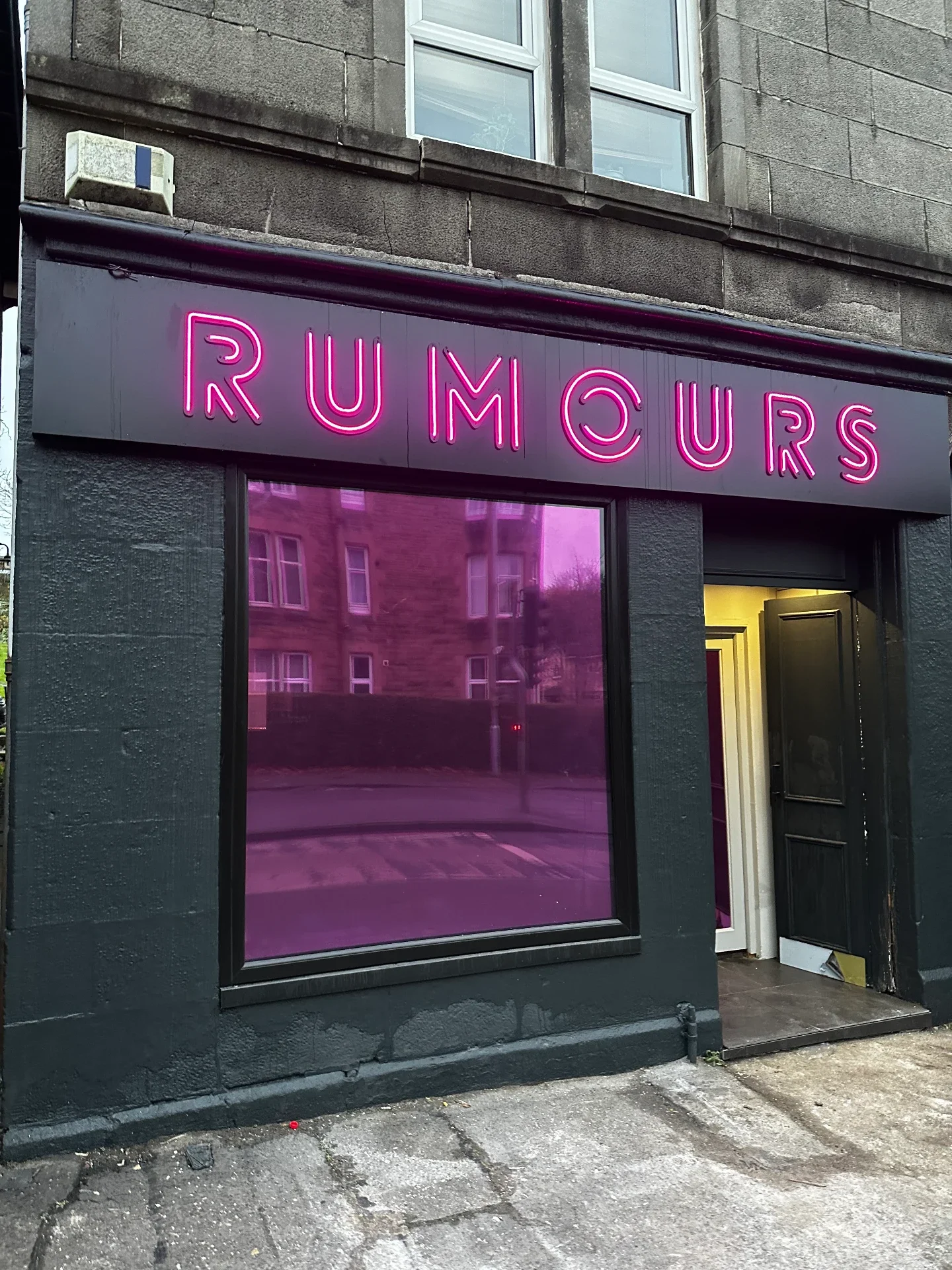 Pink reflective window tint to shopfront glazing, illuminated neon-effect fascia signage — Rumours Beauty Parlour, commercial signage by L4 Signs Glasgow
