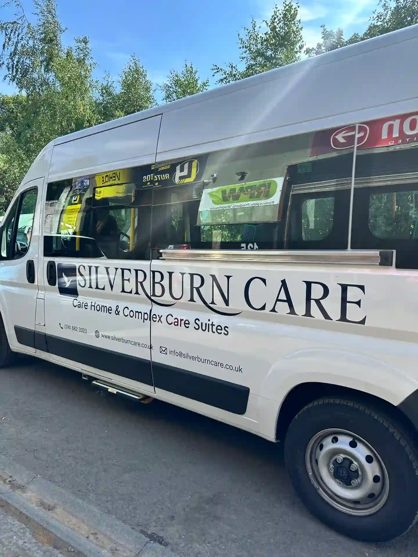 Cut vinyl vehicle livery, care home minibus branding — Silverburn Care, commercial signage by L4 Signs Glasgow
