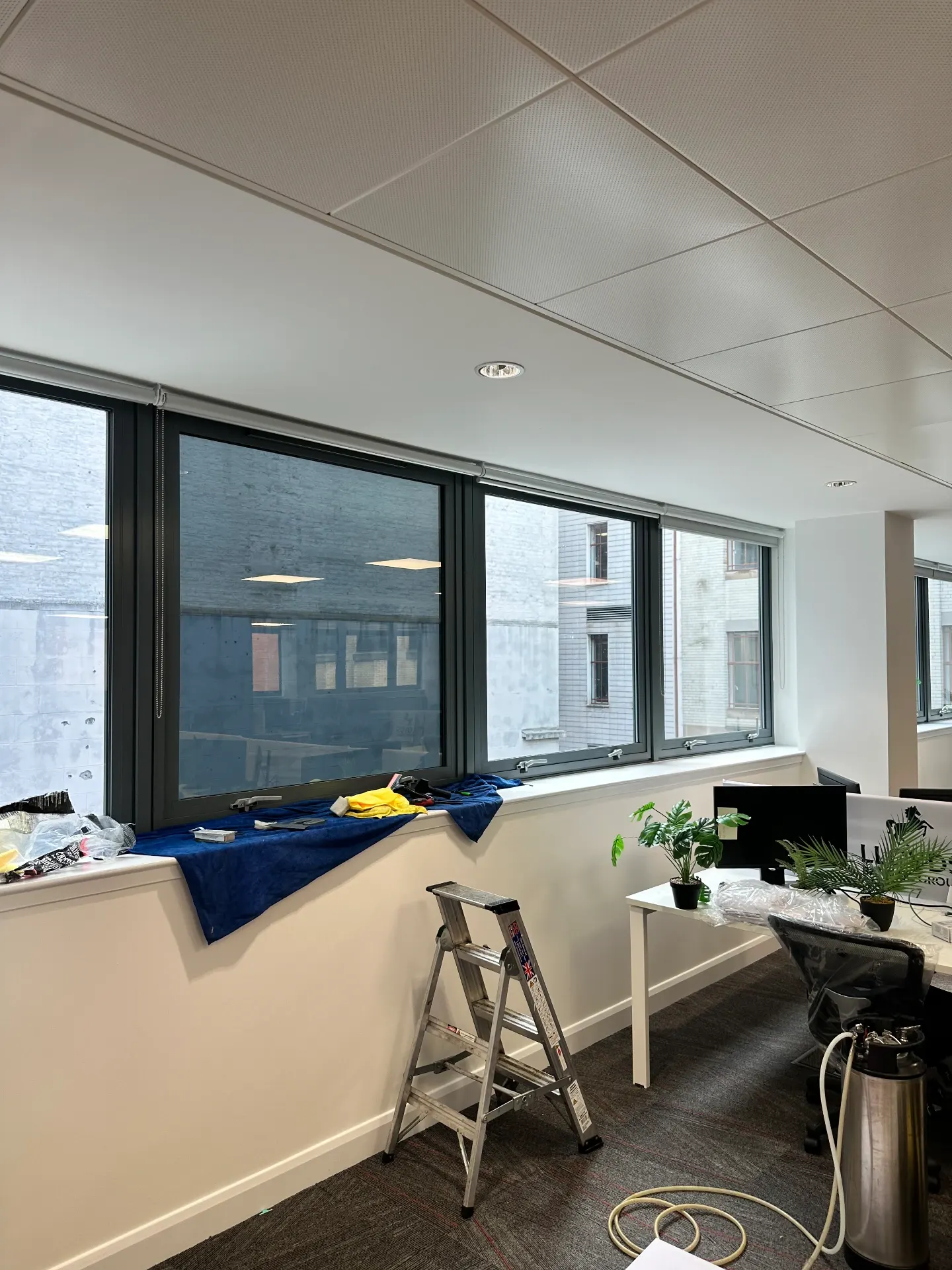 Office window line treated with mirrored privacy tint above desks in a Glasgow city-centre office